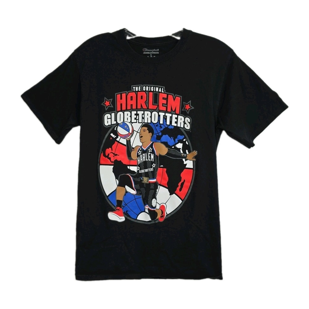 Champion Harlem Globetrotters T-shirt Men's S Black w/ Colorful Prints Crew Neck